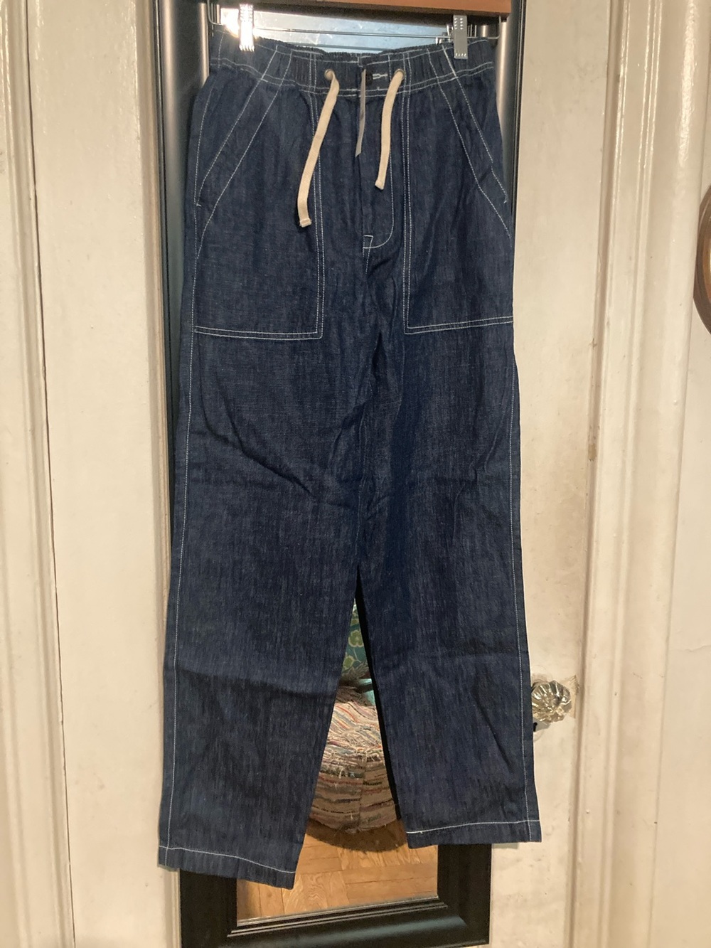 NWT J. Crew Men's Denim-Blue Hemp-blend Relaxed Drawstring Denim Beach Pants XS